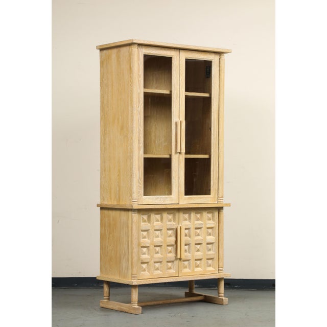 Art Deco Style Natural Oak Cabinet With Coffered Panels and Glass Doors For Sale - Image 17 of 17