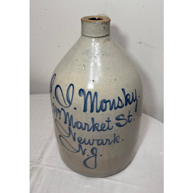 Up for sale is a wonderful antique 19th century handmade 2 gallon stoneware pottery jug made by J. Monsky 247 Market...