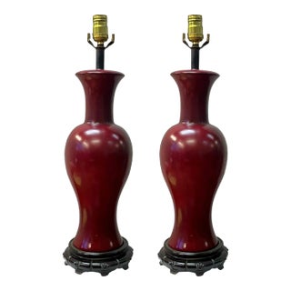 Chinese Export Oxblood Red Phoenix Tail Form Vase Porcelain Table Lamps - Pair For Sale
