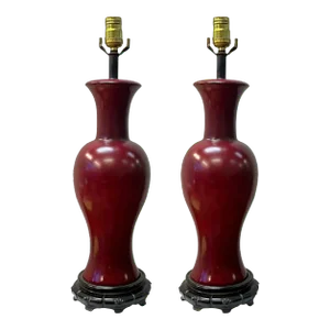 Chinese Export Oxblood Red Phoenix Tail Form Vase Porcelain Table Lamps - Pair