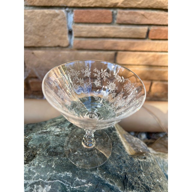 Traditional 1940s Set of Five Fostoria Champagne Glasses in Chintz Pattern - Popular Pattern For Sale - Image 3 of 6