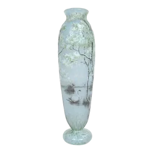 Daum Nancy France Acid Etched Art Glass Swan Trees Lake Vase C. 1900
