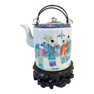 Vintage Chinoiserie Famille Rose Teapot With Iron Handles