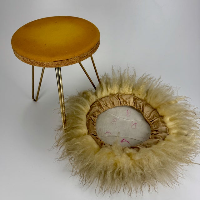 Mid-Century Modern Brass Tripod Hairpin Legged Lambswool Fur Stool, 1970s For Sale - Image 6 of 7