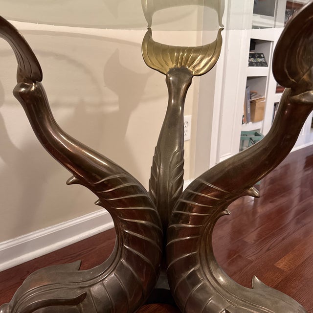 1960s Vintage Bronze Dolphin Base Round Glass Top Center or Dining Table For Sale - Image 9 of 10