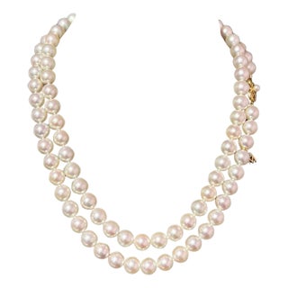 1990s Mikimoto Estate Akoya Pearl Necklace 36" 14k Y Gold 9 mm Certified For Sale
