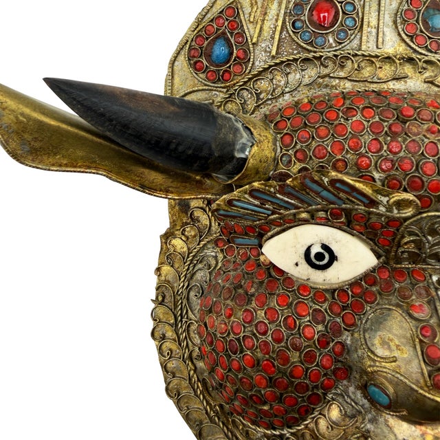 Mid 20th Century Vintage Tibetan Gilt Copper Jeweled Ritual Mask With Coral and Turquoise Inlay For Sale - Image 5 of 11