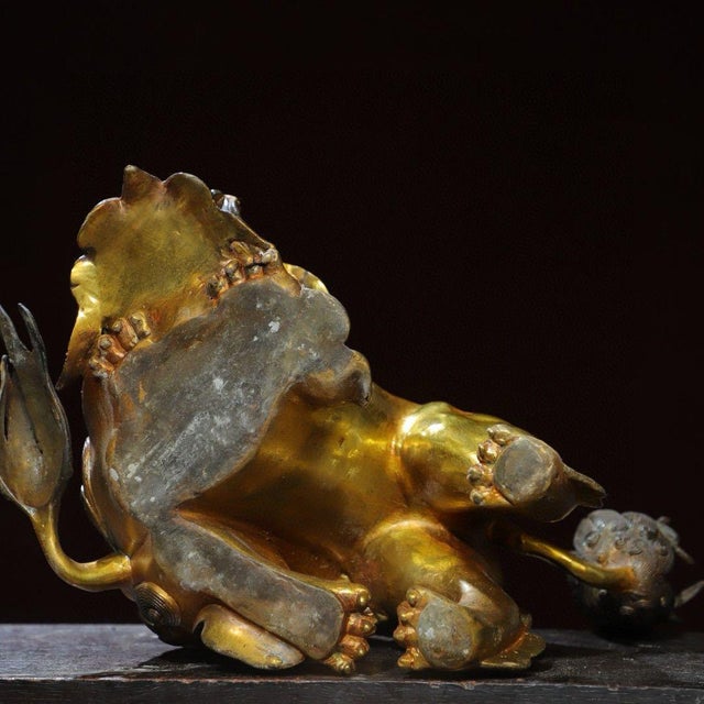 Gilt Bronze Guardian Lion Incense Burner – 9.5" Foo Dog Censer With Cub & Ball Motif For Sale - Image 9 of 9