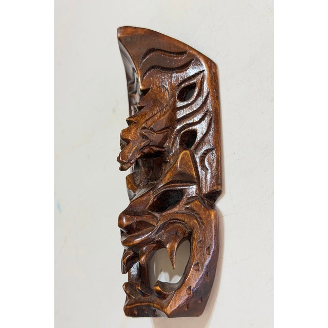 Late 20th Century Vintage Balinese Hand-Carved Wood Dragon & Demon Wall Mask For Sale - Image 5 of 10