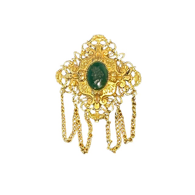 Vintage Signed ART Arthur Pepper Intaglio Cameo Brooch – Renaissance Revival Gold-Tone Filigree with Green Glass Cabochon...