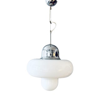 Italian Opal Glass and Chrome Pendant Lamp, 1970s For Sale