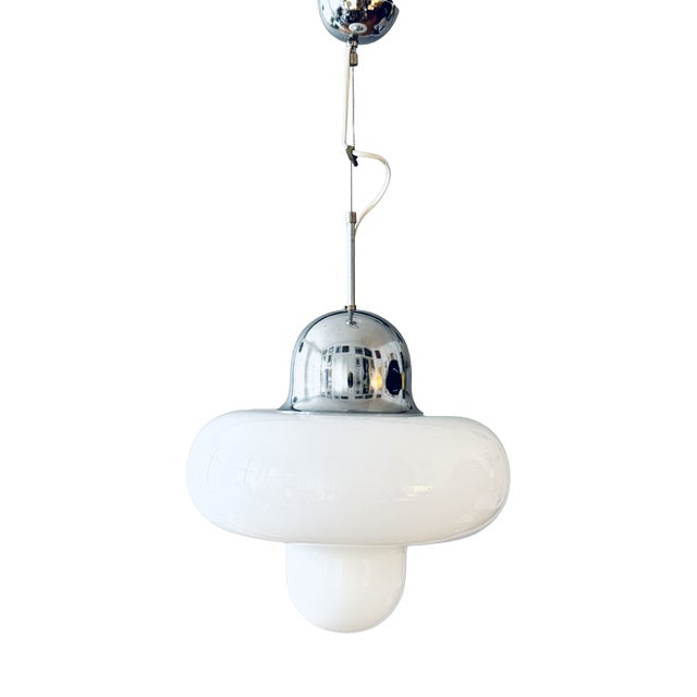 Italian Opal Glass and Chrome Pendant Lamp, 1970s For Sale