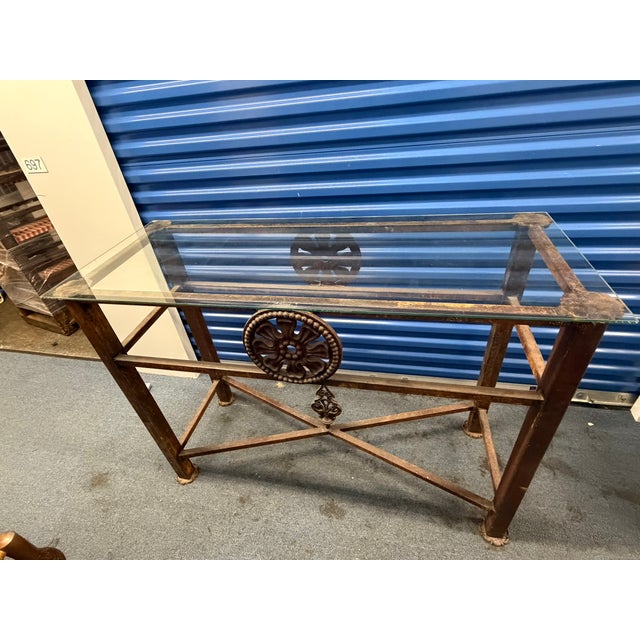 French Vintage Brass & Glass Console Table – Ornate Metal Base With Floral Medallion Detail For Sale - Image 3 of 10
