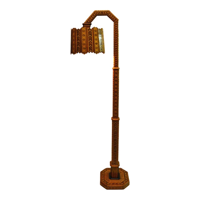 Mid-Century Hand-Crafted Inlaid Wood Floor Lamp, 1950s For Sale
