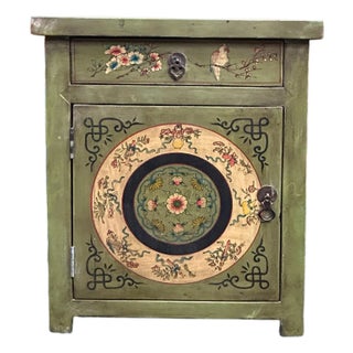 Distressed Sage Green Floral Graphic End Table Nightstand For Sale