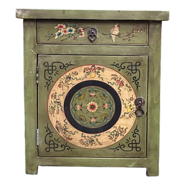 Distressed Sage Green Floral Graphic End Table Nightstand For Sale