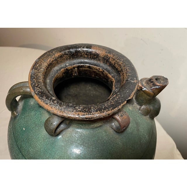 Green Antique Handmade Chinese Ming Dynasty Pottery Terracotta Green Glaze Wine Jug For Sale - Image 8 of 16
