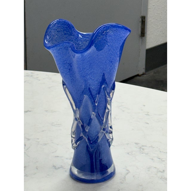 Design Plus Gallery presents a Vintage Cobalt Blue Handblown Art Glass Vase. This sculptural vessel showcases a vivid...