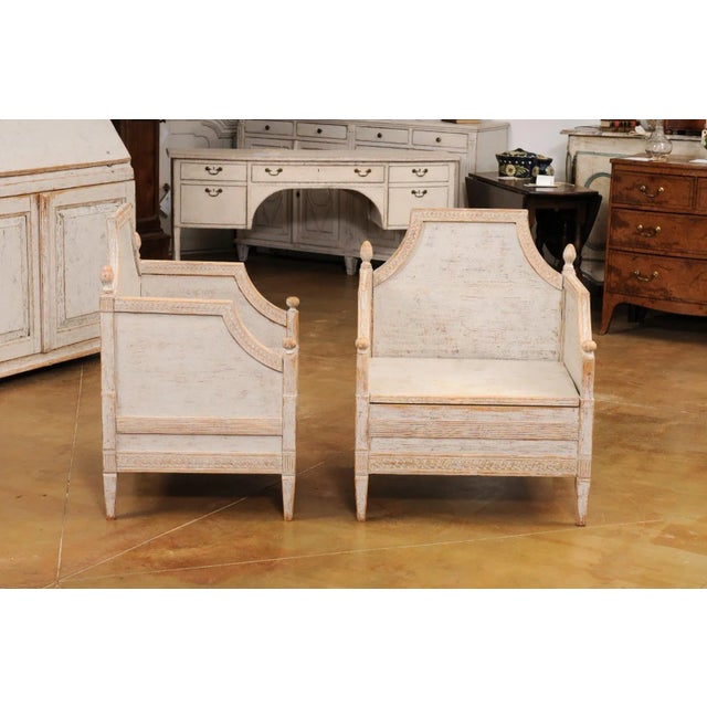 Wood Neoclassical Style 1850s Gray Painted and Carved Armchairs with Guilloches, Pair For Sale - Image 7 of 12