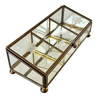 Vintage Brass & Etched Glass Lidded Trinket or Jewelry Box For Sale
