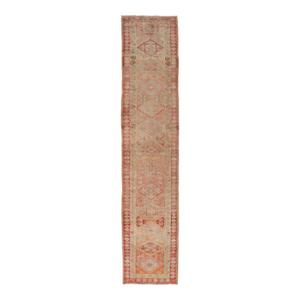Vintage Oushak Runner With Geometric Medallions in Soft Coral and Orange 2'8 X 14'0