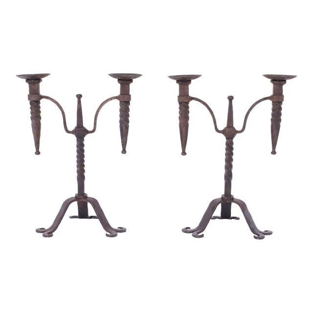 Pair of Antique French Iron Candle Sticks For Sale