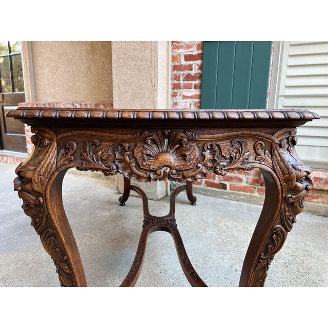 Antique French Center Library Table Louis XV Carved Oak Rococo Parquetry C1890 For Sale - Image 10 of 18