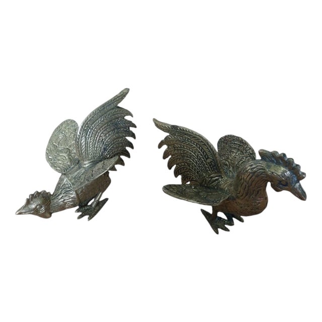 Fighting Roosters in Brass, 1970, Set of 2 For Sale