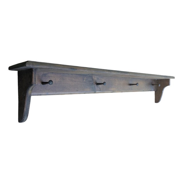 Vintage Farmhouse English Cottage Wooden Wall Shelf With Peg Hooks For Sale