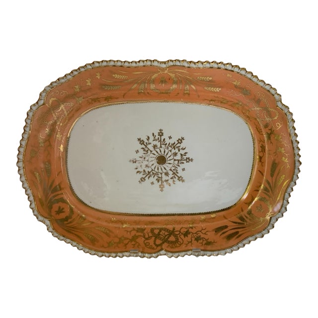 Antique John Davenport Tangerine Orange Gold Gilt 16" Oval Serving Platter Made in England 1810-1830 For Sale