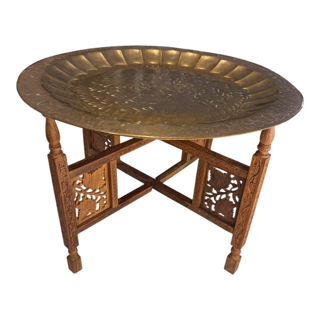 Mid 20th Century Vintage Sarna Indian Embossed Brass Collapsable Tray Table For Sale