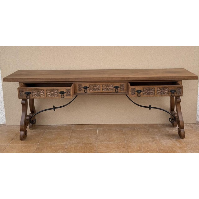 Wood 20th Century Spanish Rustic Carved Wood Console Table , 1965 For Sale - Image 7 of 12