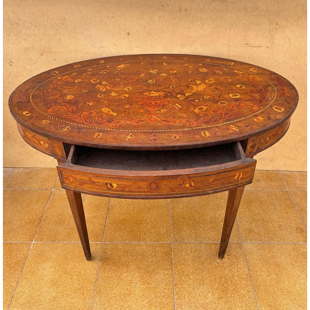 Oval Marquetry Side Table with Drawer, Early 20th Century For Sale - Image 6 of 10