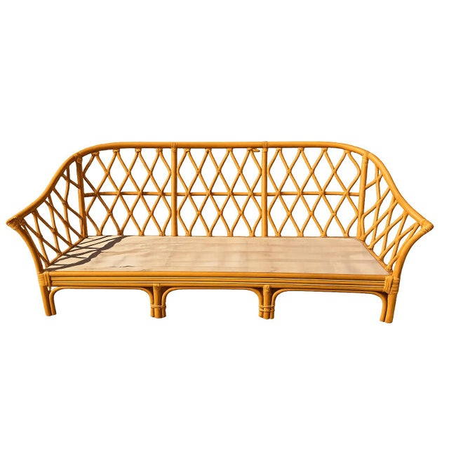 Contemporary Vintage Coastal Rattan Sofa With Hand-Lashed Leather Bindings (No Cushion) For Sale - Image 3 of 12