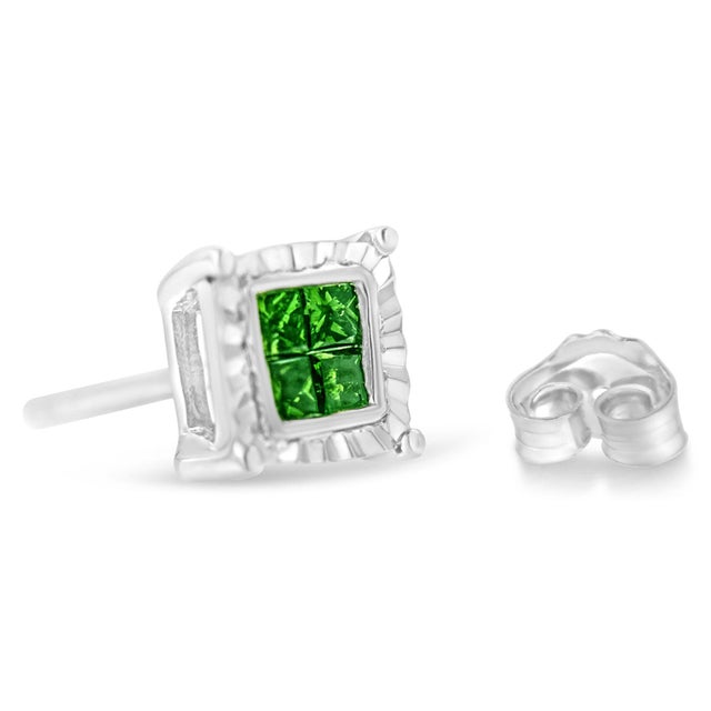 Sterling Silver Color Treated Princess Diamond Quad Stud Earring (1/2 cttw, Green Color, I1-I2 Clarity) For Sale - Image 4 of 8