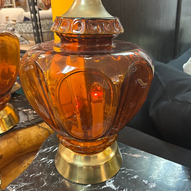 Large Amber Glass, Brass and Wood Table Lamps a Pair For Sale In Miami - Image 6 of 10