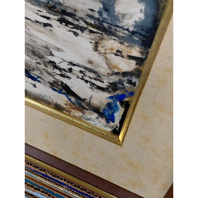 Blue Framed Signed J. Akston "Untitled" Abstract Landscape Oil on Board For Sale - Image 8 of 11