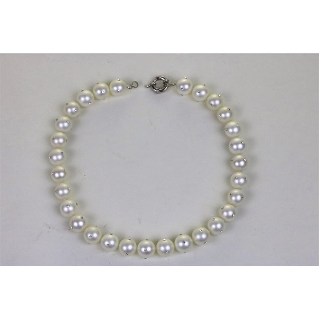 Lustrous Faux Pearl & Cz Diamond Inlay Necklace & Earrings Set - 3 Pieces For Sale - Image 4 of 5