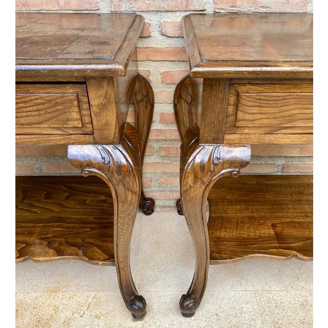 Brown French Louis XV Style Walnut Bedside Tables with Drawer and Open Shelf, 1930s, A Pair For Sale - Image 8 of 18