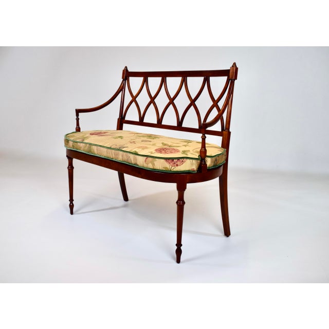 English Mahogany Sheraton Style Caned Settee With Floral Silk Cushion, 1990s For Sale - Image 3 of 14