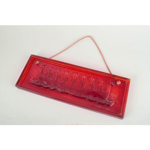 John käll for elme sweden wall-mounted art glass relief with viking ship, 1970s. Rectangular wall hanging in deep...