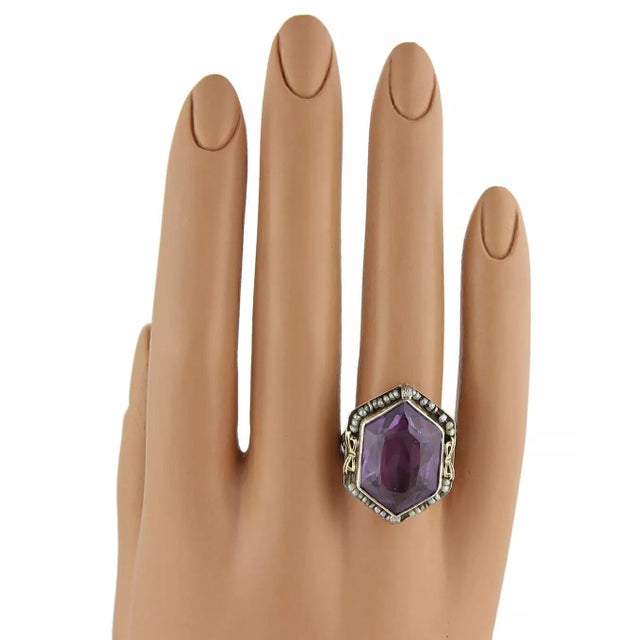 Art Deco Amethyst & Seed Pearls 18k Two Tone Open Floral Filigree Ring, Size 5.75 For Sale In Miami - Image 6 of 6