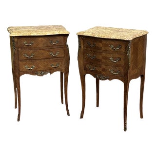 Louis XV Style Bedside Tables in Rosewood and Oak with Marble Tops, 1960s, Set of 2 For Sale
