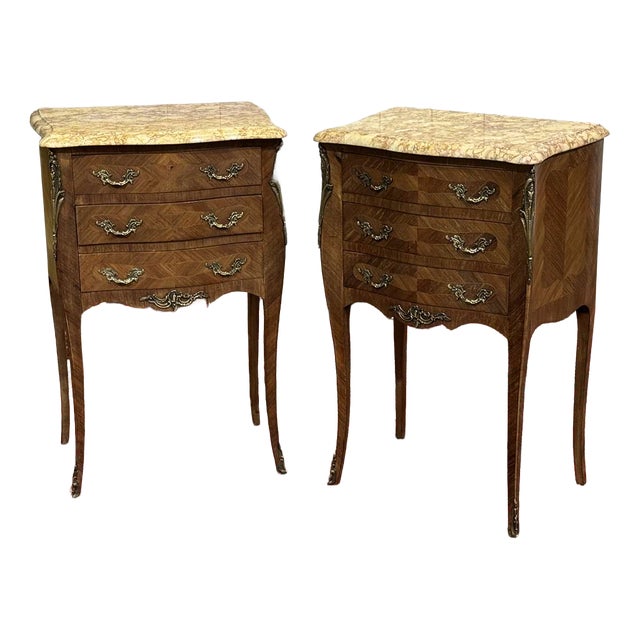Louis XV Style Bedside Tables in Rosewood and Oak with Marble Tops, 1960s, Set of 2 For Sale