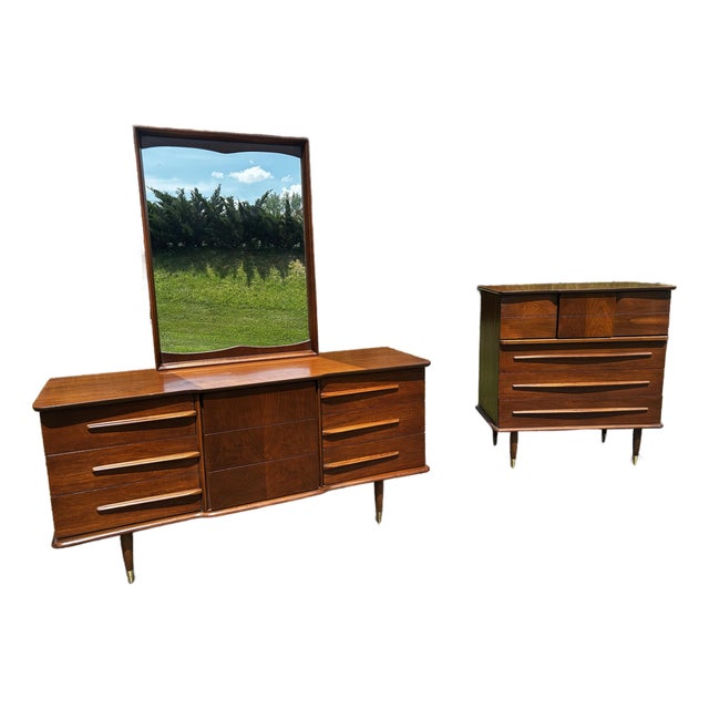 Mid Century United Long Dresser and Tall Boy For Sale