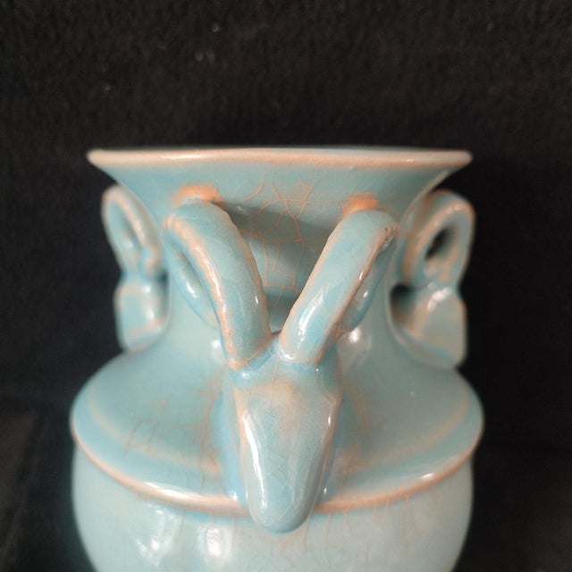 Early 20th Century Chinese Ceramic Vase,Ru Ware Celadon Glaze Porcelain Vase Hand Carved Four Goat Head Statue For Sale - Image 5 of 9