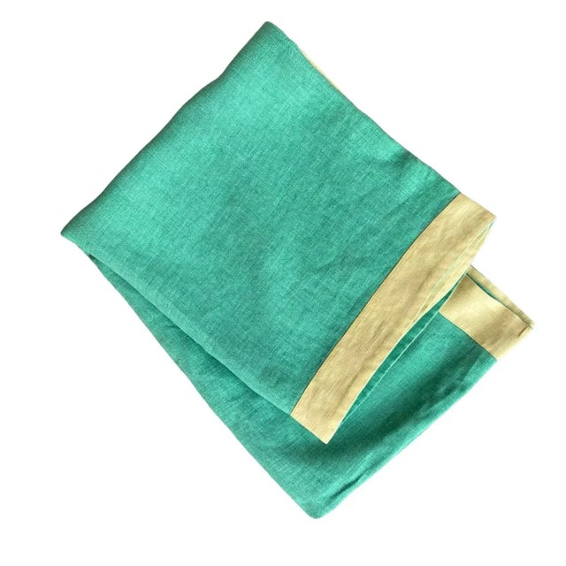 Vintage light kelly green rectangular tablecloth with a 2” light yellow border. Years of laundering has made it perfectly...