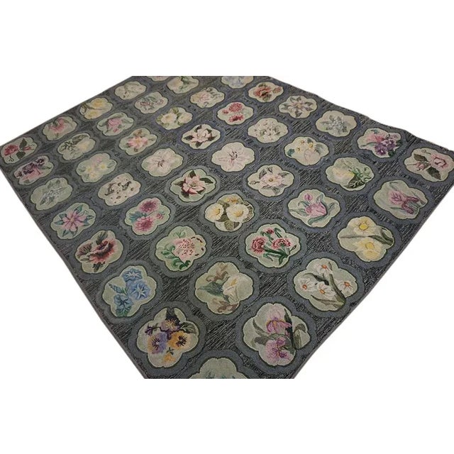 1930s Gray Roses Folk Art Antique American Hooked Rug 5'10" X 7'6" Woven Cotton Carpet For Sale - Image 4 of 12