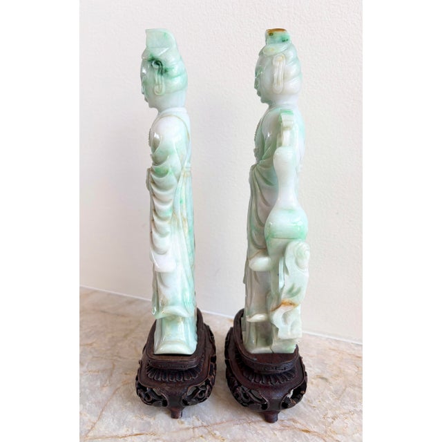 Pair 10" Antique Chinese Qing Natural Jadeite Jade Kuan Yin With Cranes & Stands For Sale - Image 12 of 12