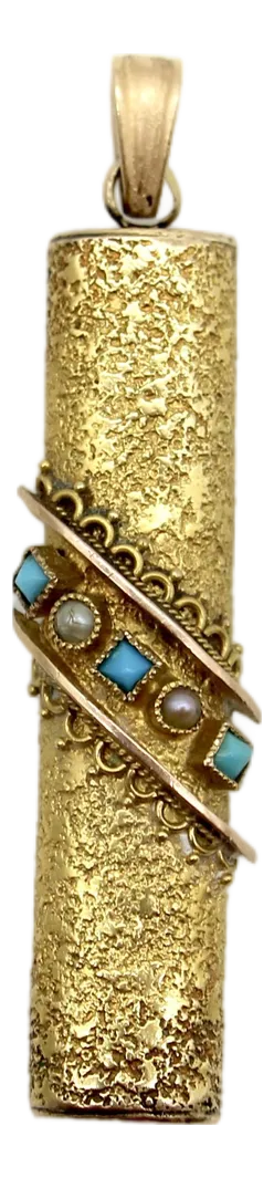 Late 19th Century 18k Gold Etruscan Revival Pendant With Turquoise & Pearls